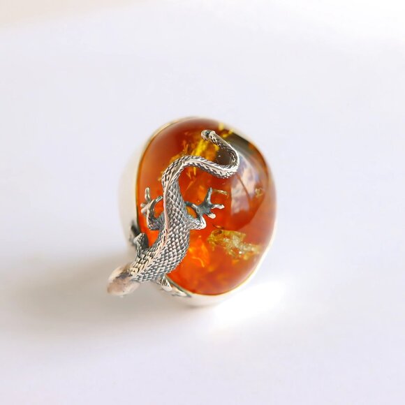 Baltic Amber Gecko Ring in 925 Sterling Silver - Handmade - Picture 7 of 9